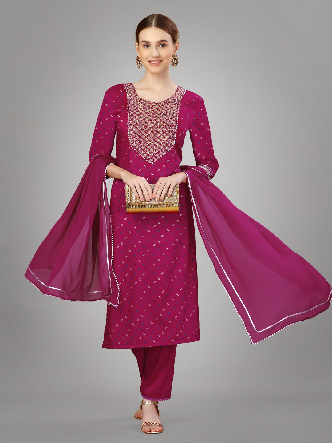 Women Silk Blend Embroidery Work Stitched Pink Kurti Set With Silk Blend Multicolor Dupatta