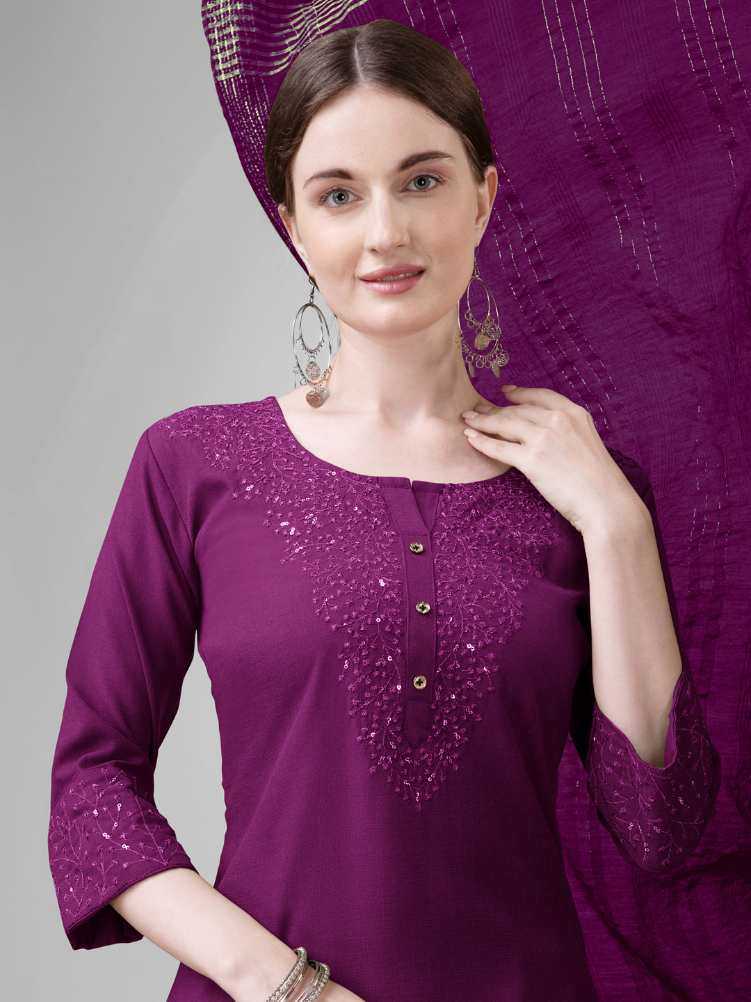 Women Cotton Blend Embroidery Work Stitched Purple Kurti Set With Silk Blend Multicolor Dupatta