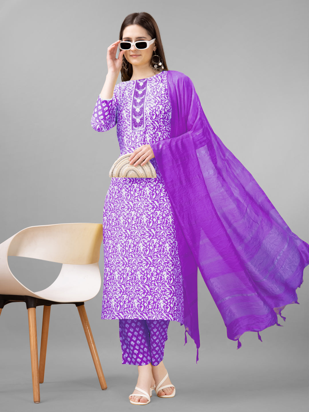 Women Rayon Embroidery Work Stitched Purple Kurti Set With Silk Blend Multicolor Dupatta