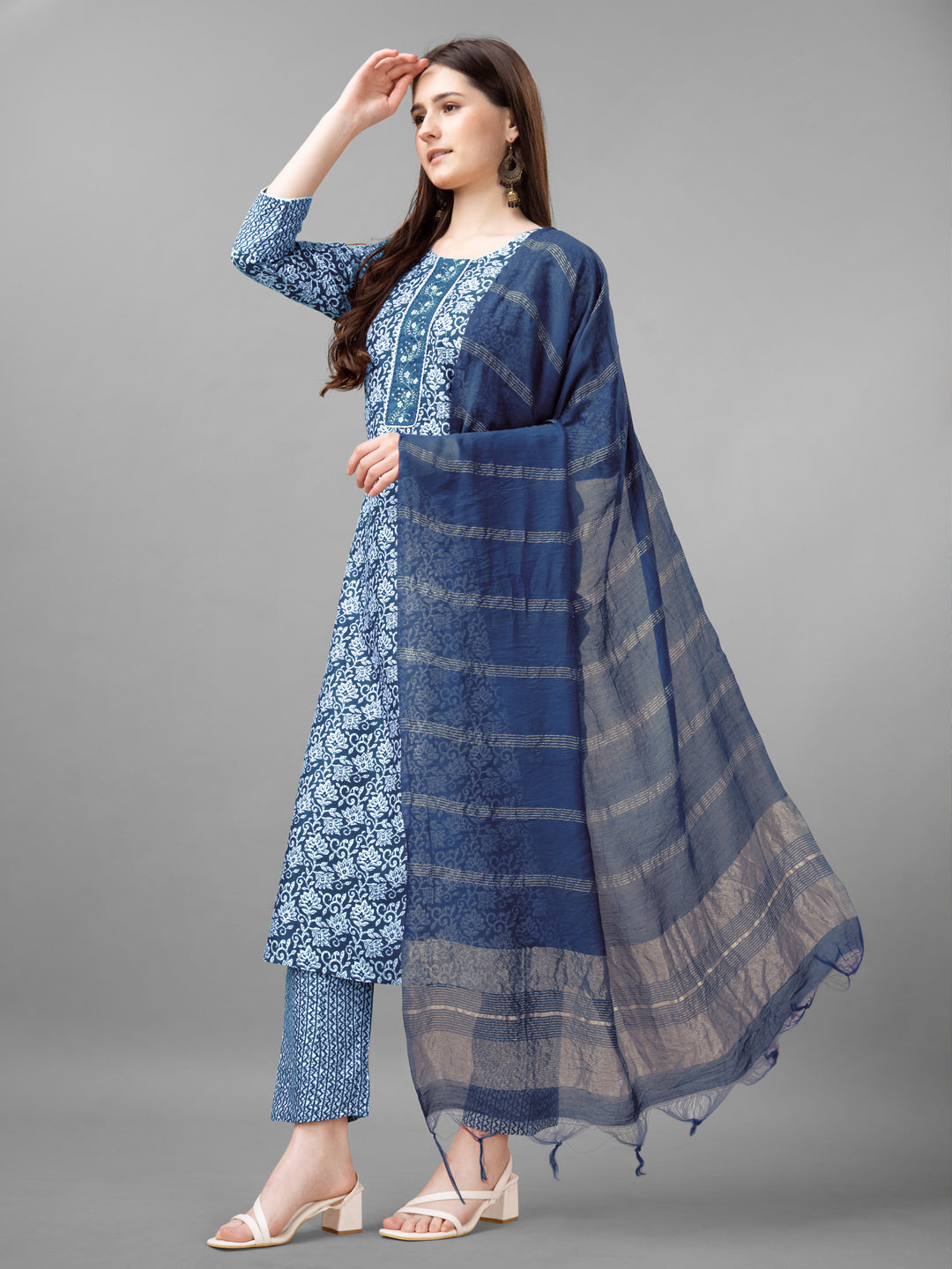 Women Rayon Embroidery Work Stitched Light Blue Kurti Set With Silk Blend Multicolor Dupatta