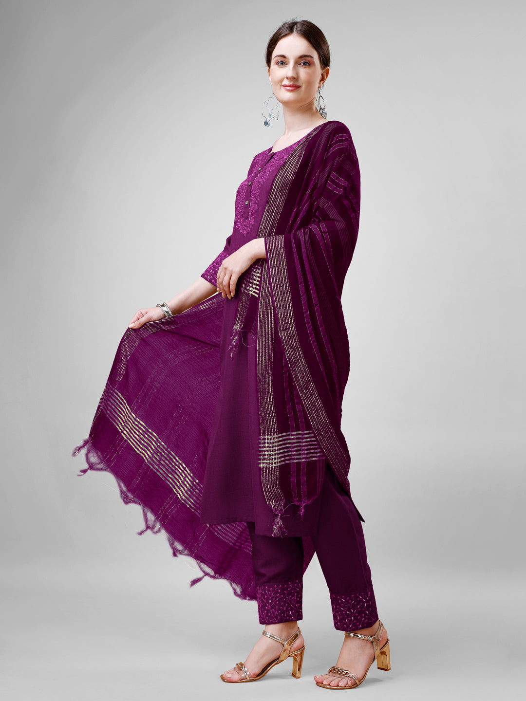 Women Cotton Blend Embroidery Work Stitched Purple Kurti Set With Silk Blend Multicolor Dupatta