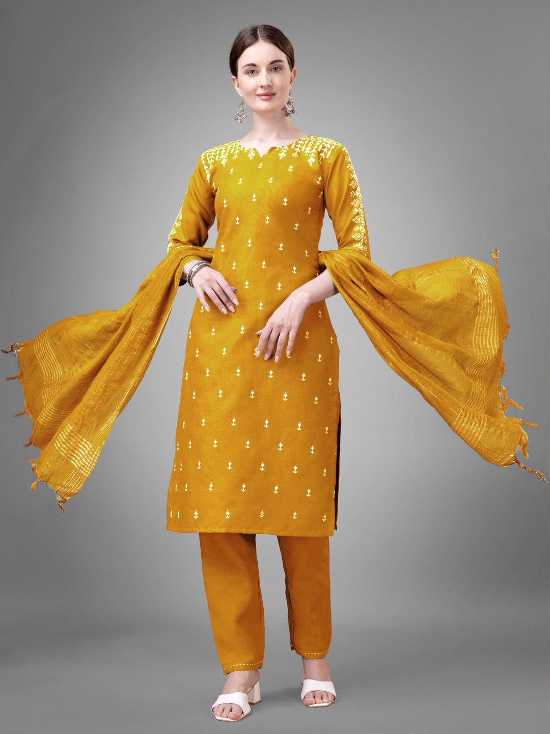 Women Cotton Blend Embroidery Work Stitched Yellow Kurti Set With Silk Blend Multicolor Dupatta