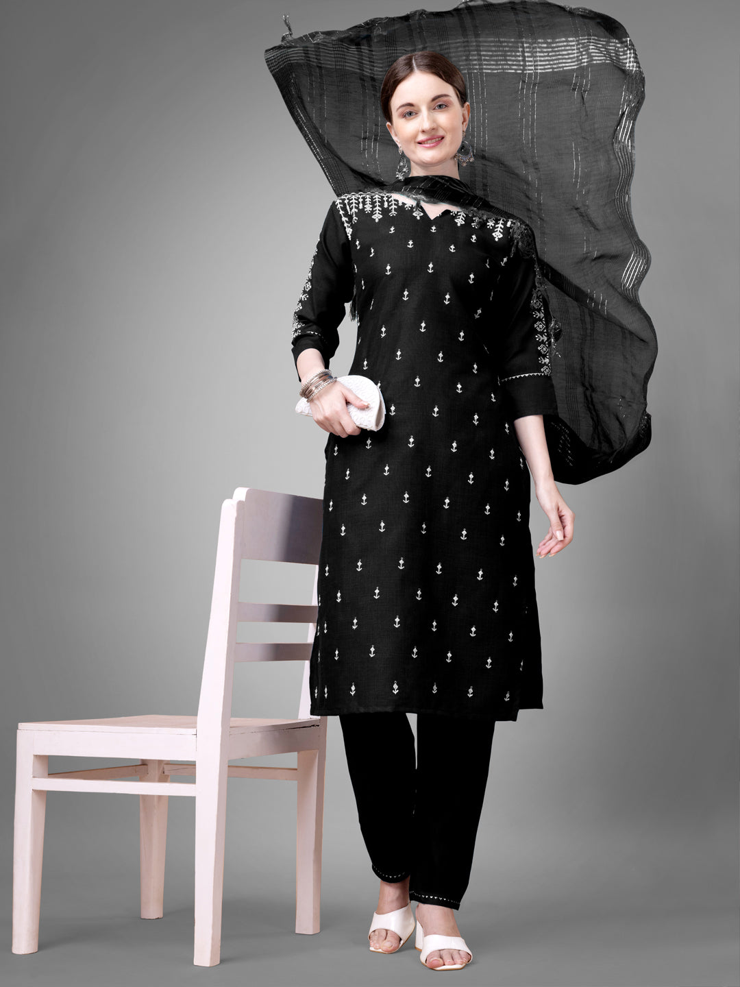 Women Cotton Blend Embroidery Work Stitched Black Kurti Set With Silk Blend Multicolor Dupatta