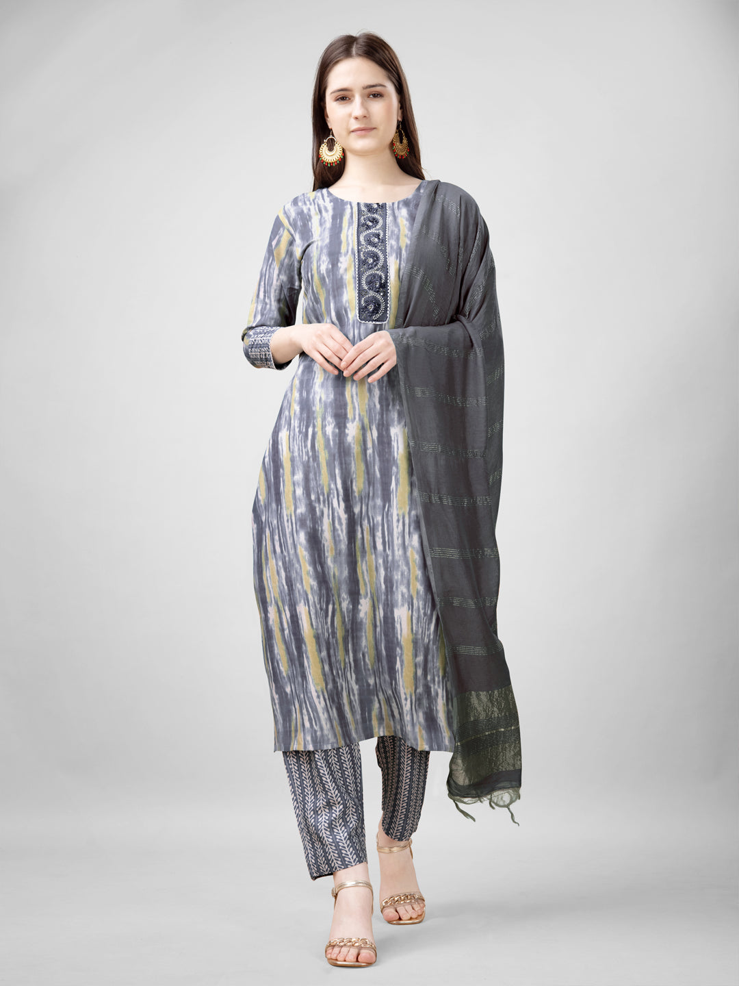 Women Rayon Embroidery Work Stitched Grey Kurti Set With Silk Blend Multicolor Dupatta