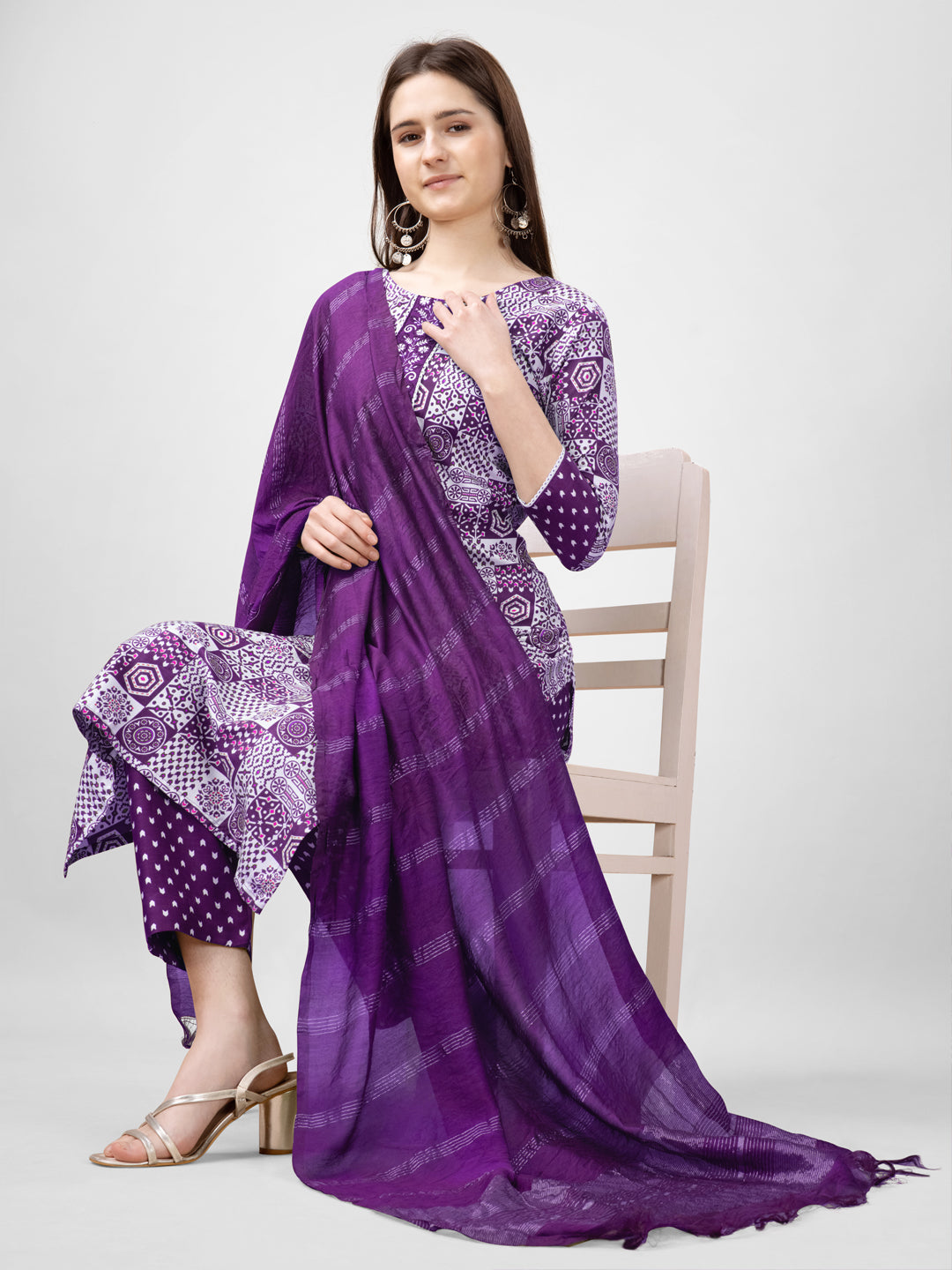 Women Rayon Embroidery Work Stitched Purple Kurti Set With Silk Blend Multicolor Dupatta