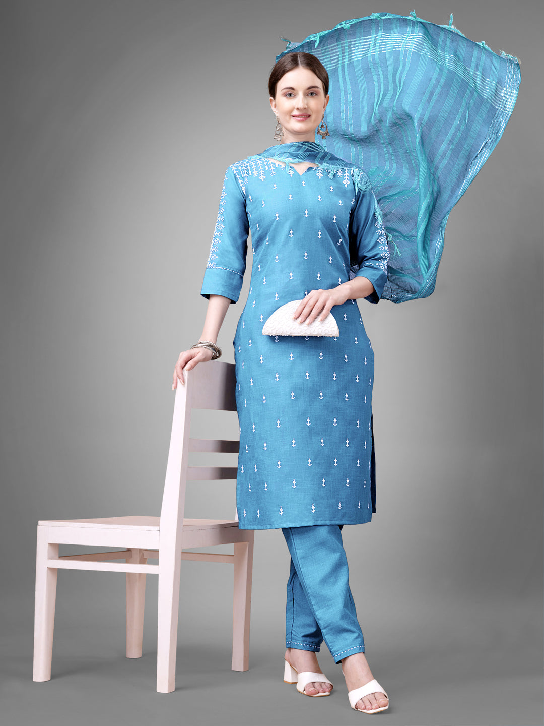 Women Cotton Blend Embroidery Work Stitched Sky Blue Kurti Set With Silk Blend Multicolor Dupatta