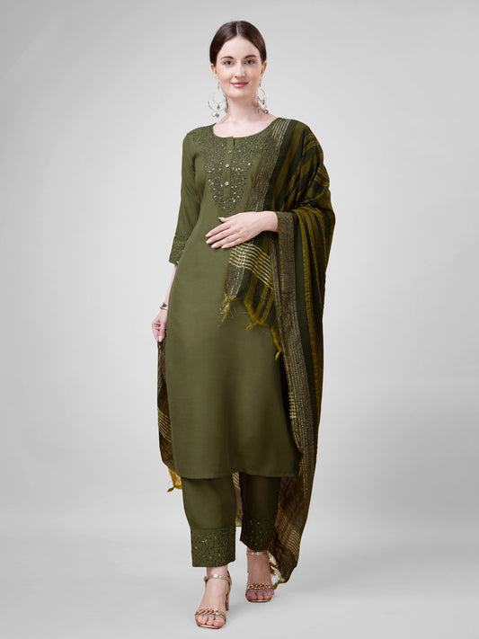 Women Cotton Blend Embroidery Work Stitched Mehendi Kurti Set With Silk Blend Multicolor Dupatta