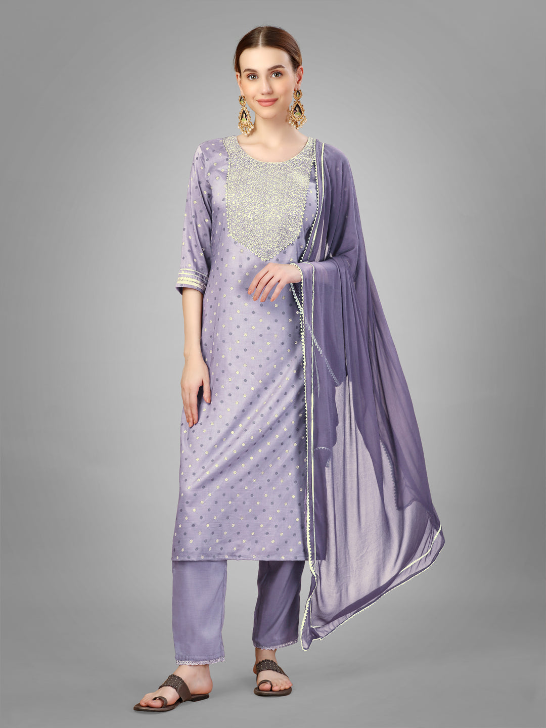 Women Silk Blend Embroidery Work Stitched Lavendar Kurti Set With Silk Blend Multicolor Dupatta