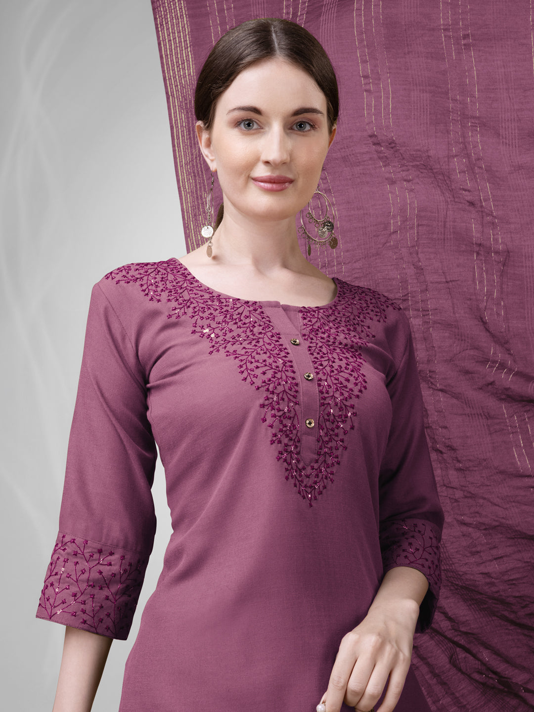 Women Cotton Blend Embroidery Work Stitched Wine Kurti Set With Silk Blend Multicolor Dupatta