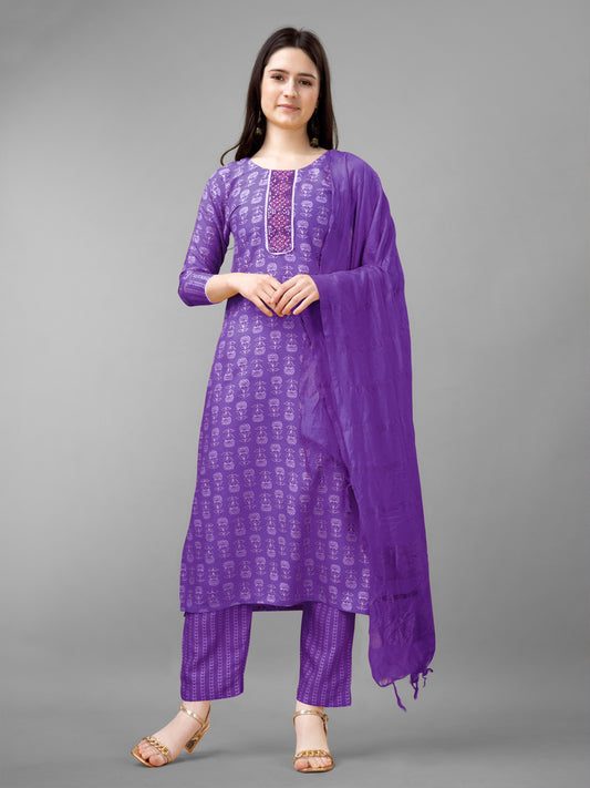 Women Rayon Embroidery Work Stitched Purple Kurti Set With Silk Blend Multicolor Dupatta