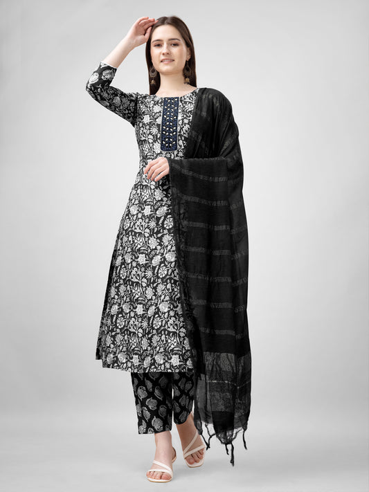 Women Rayon Embroidery Work Stitched Black Kurti Set With Silk Blend Multicolor Dupatta