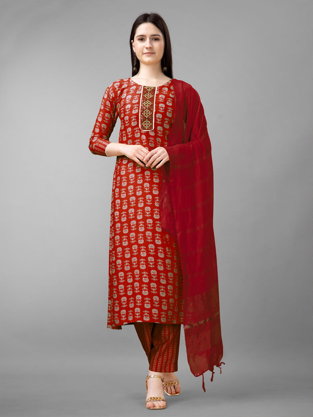 Women Rayon Embroidery Work Stitched Maroon Kurti Set With Silk Blend Multicolor Dupatta