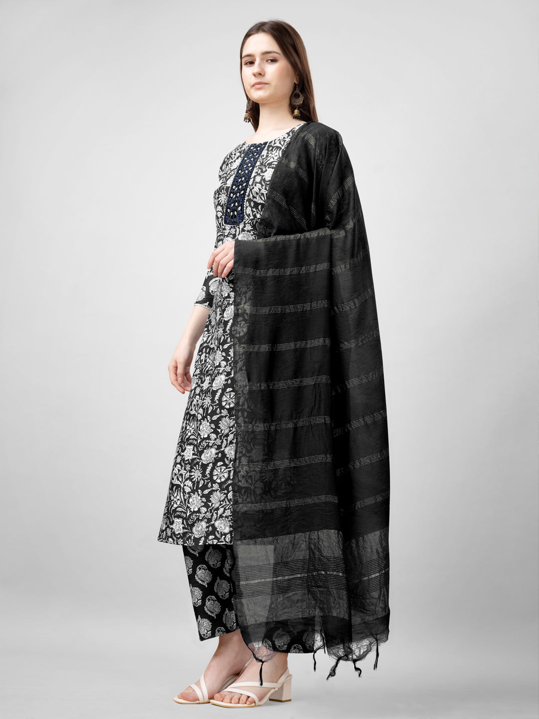 Women Rayon Embroidery Work Stitched Black Kurti Set With Silk Blend Multicolor Dupatta