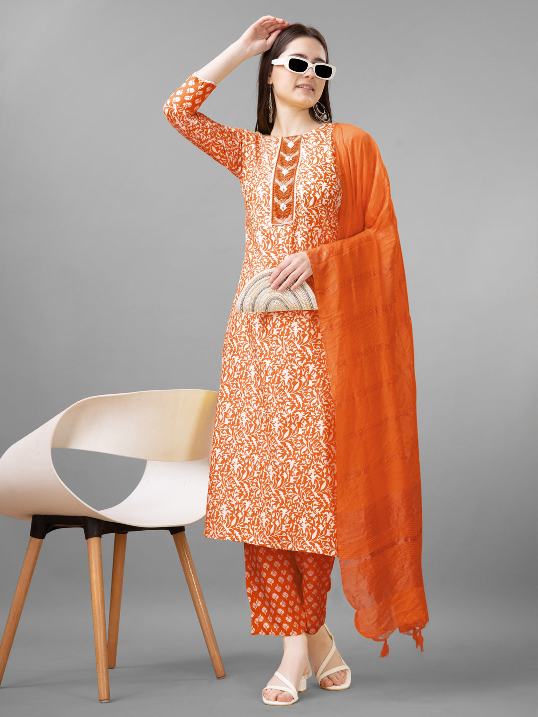 Women Rayon Embroidery Work Stitched Orange Kurti Set With Silk Blend Multicolor Dupatta