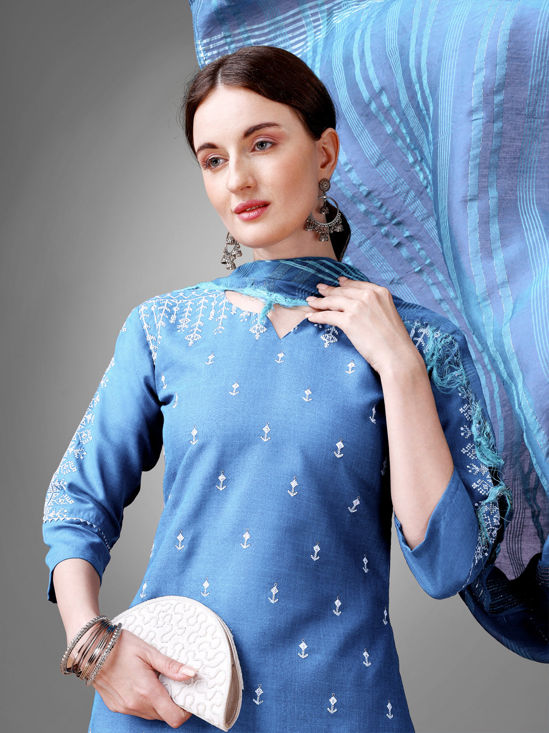 Women Cotton Blend Embroidery Work Stitched Sky Blue Kurti Set With Silk Blend Multicolor Dupatta