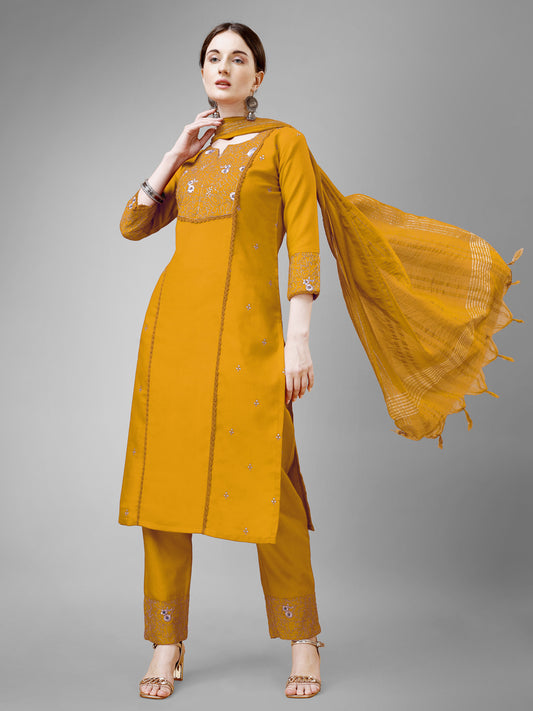 Women Cotton Blend Embroidery Work Stitched Yellow Kurti Set With Silk Blend Multicolor Dupatta