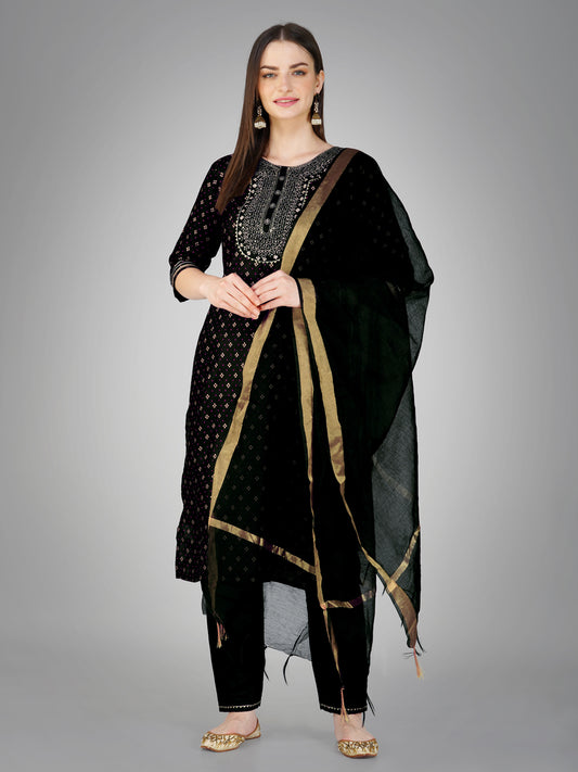 Women Cotton Blend Embroidery Work Stitched Black Kurti Set With Silk Blend Multicolor Dupatta