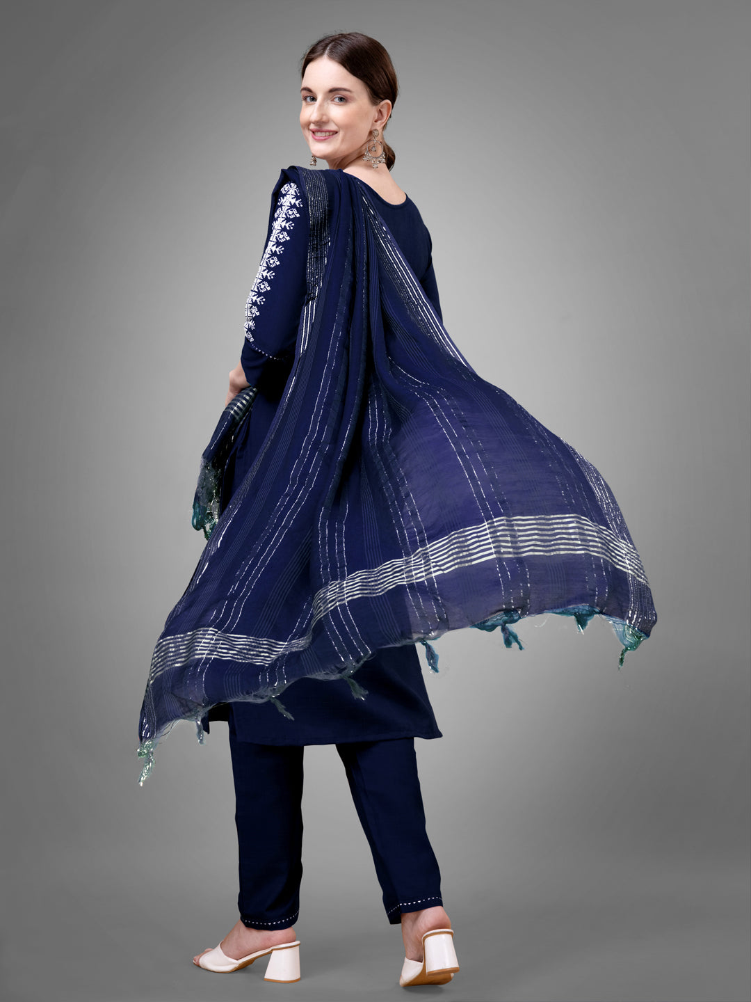 Women Cotton Blend Embroidery Work Stitched Navy Blue Kurti Set With Silk Blend Multicolor Dupatta