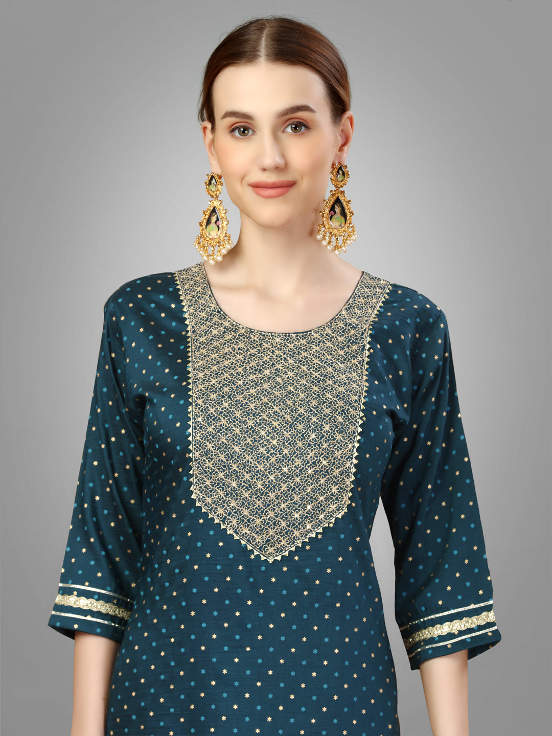 Women Silk Blend Embroidery Work Stitched Morpich Kurti Set With Silk Blend Multicolor Dupatta