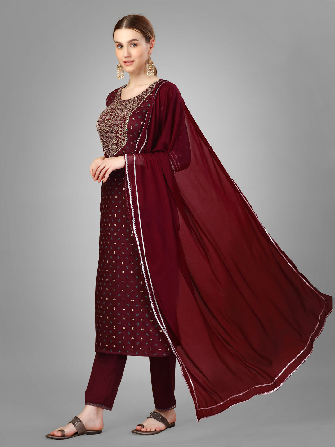 Women Silk Blend Embroidery Work Stitched Maroon Kurti Set With Silk Blend Multicolor Dupatta