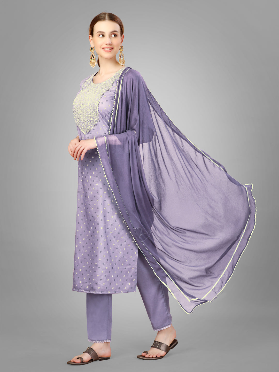 Women Silk Blend Embroidery Work Stitched Lavendar Kurti Set With Silk Blend Multicolor Dupatta