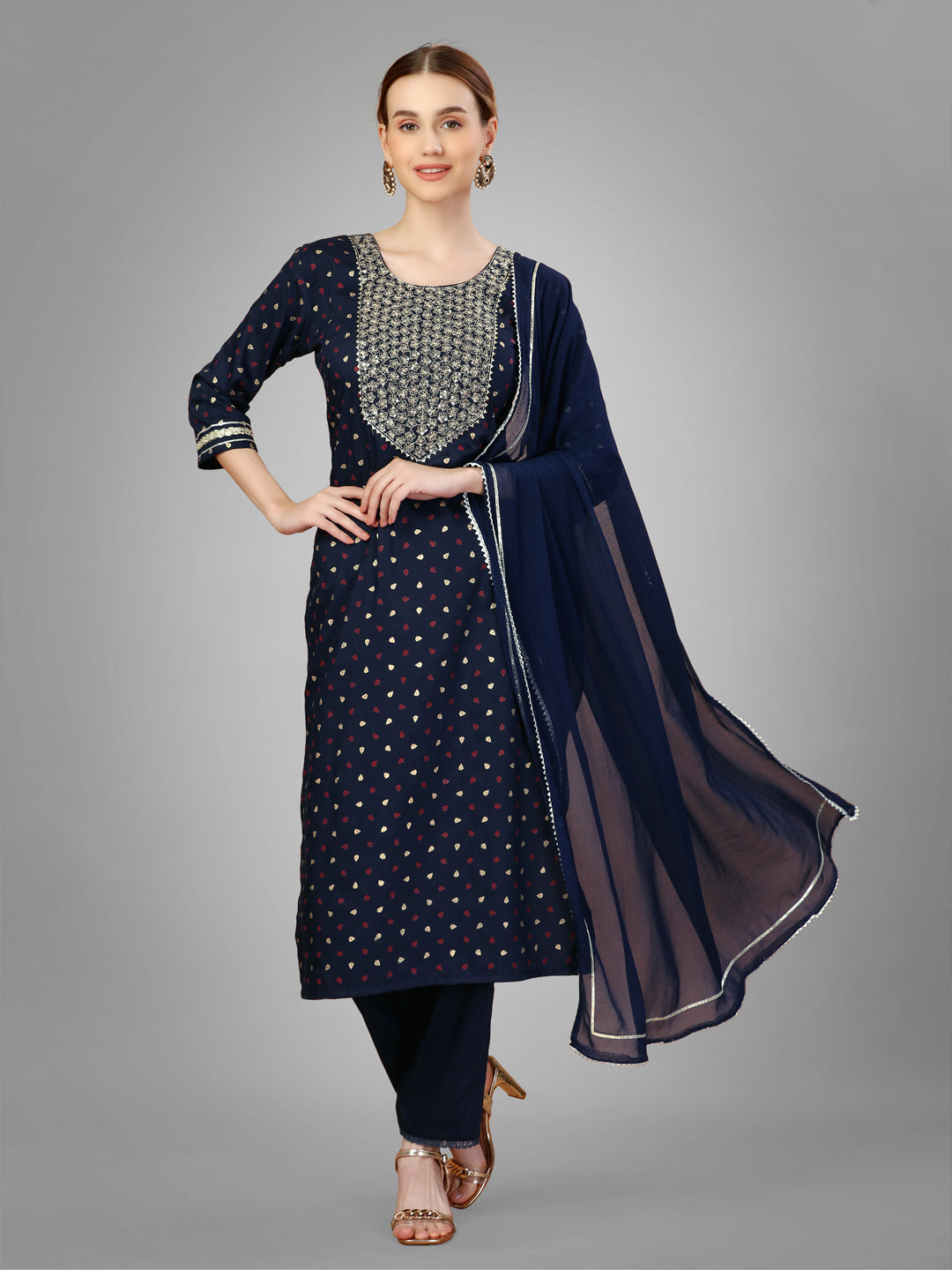 Women Silk Blend Embroidery Work Stitched Navy Blue Kurti Set With Silk Blend Multicolor Dupatta