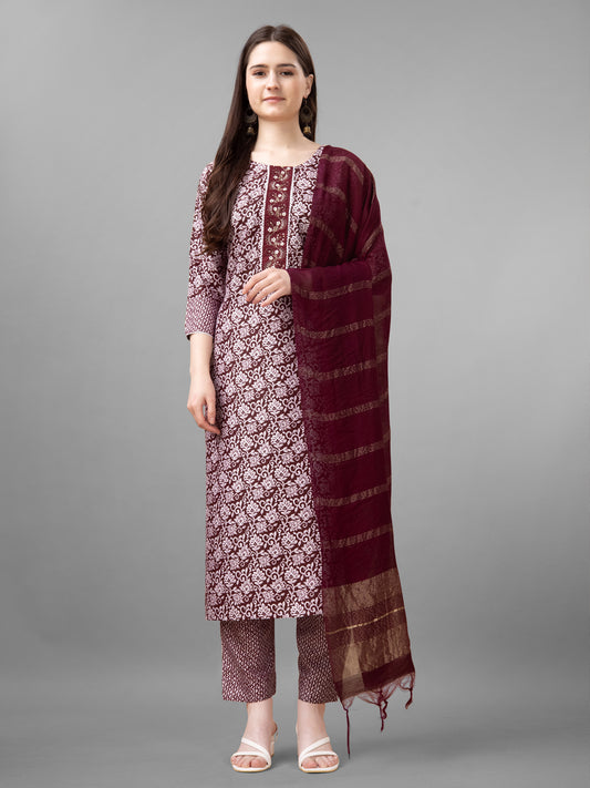 Women Rayon Embroidery Work Stitched Maroon Kurti Set With Silk Blend Multicolor Dupatta