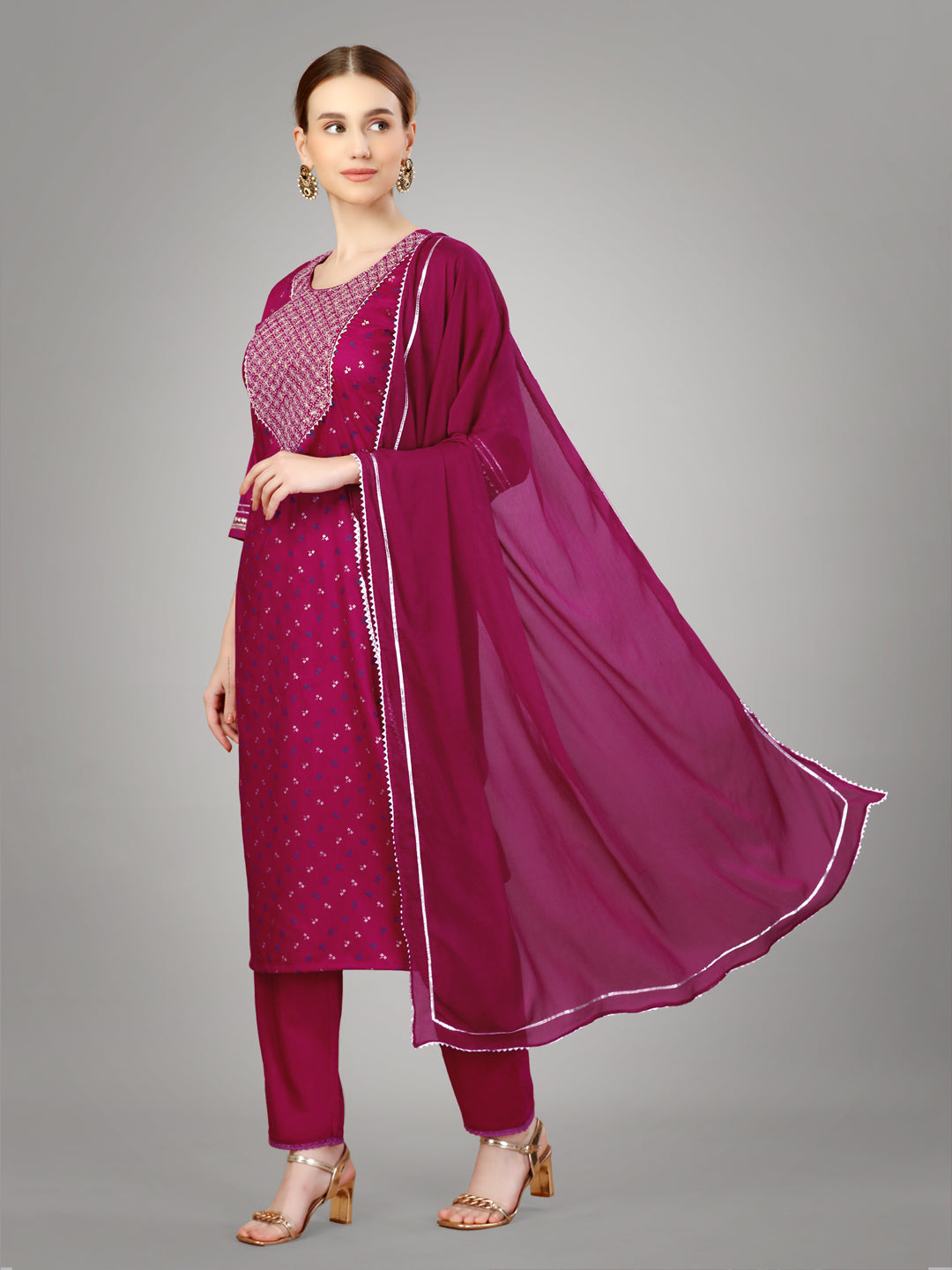 Women Silk Blend Embroidery Work Stitched Pink Kurti Set With Silk Blend Multicolor Dupatta