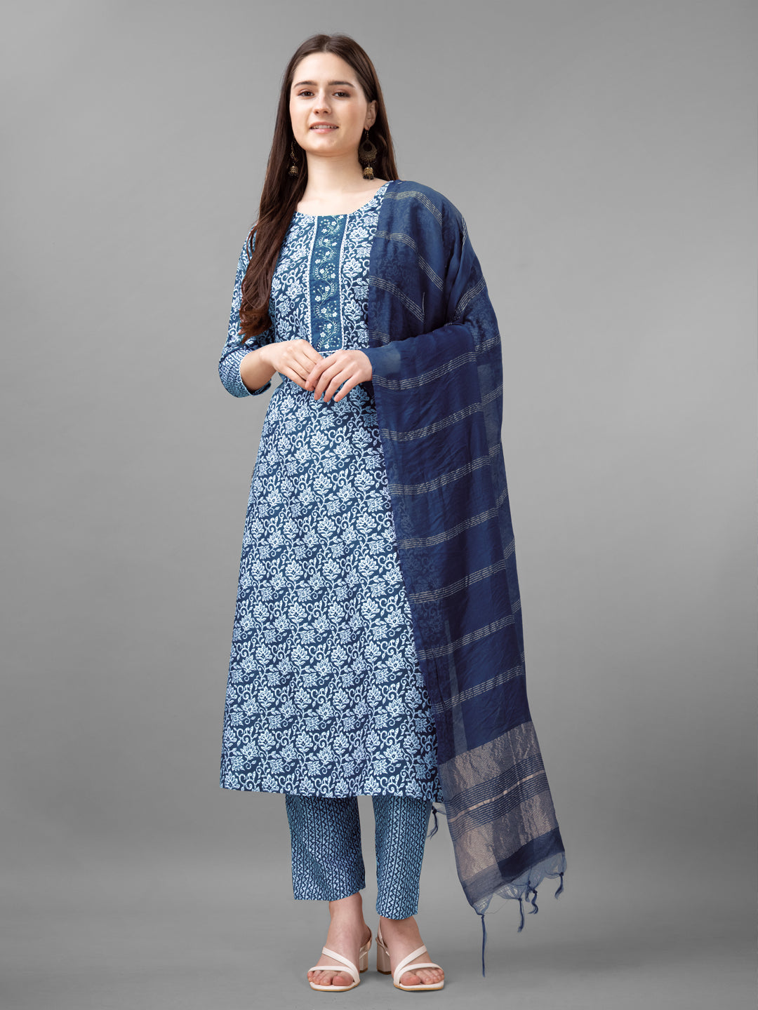 Women Rayon Embroidery Work Stitched Light Blue Kurti Set With Silk Blend Multicolor Dupatta