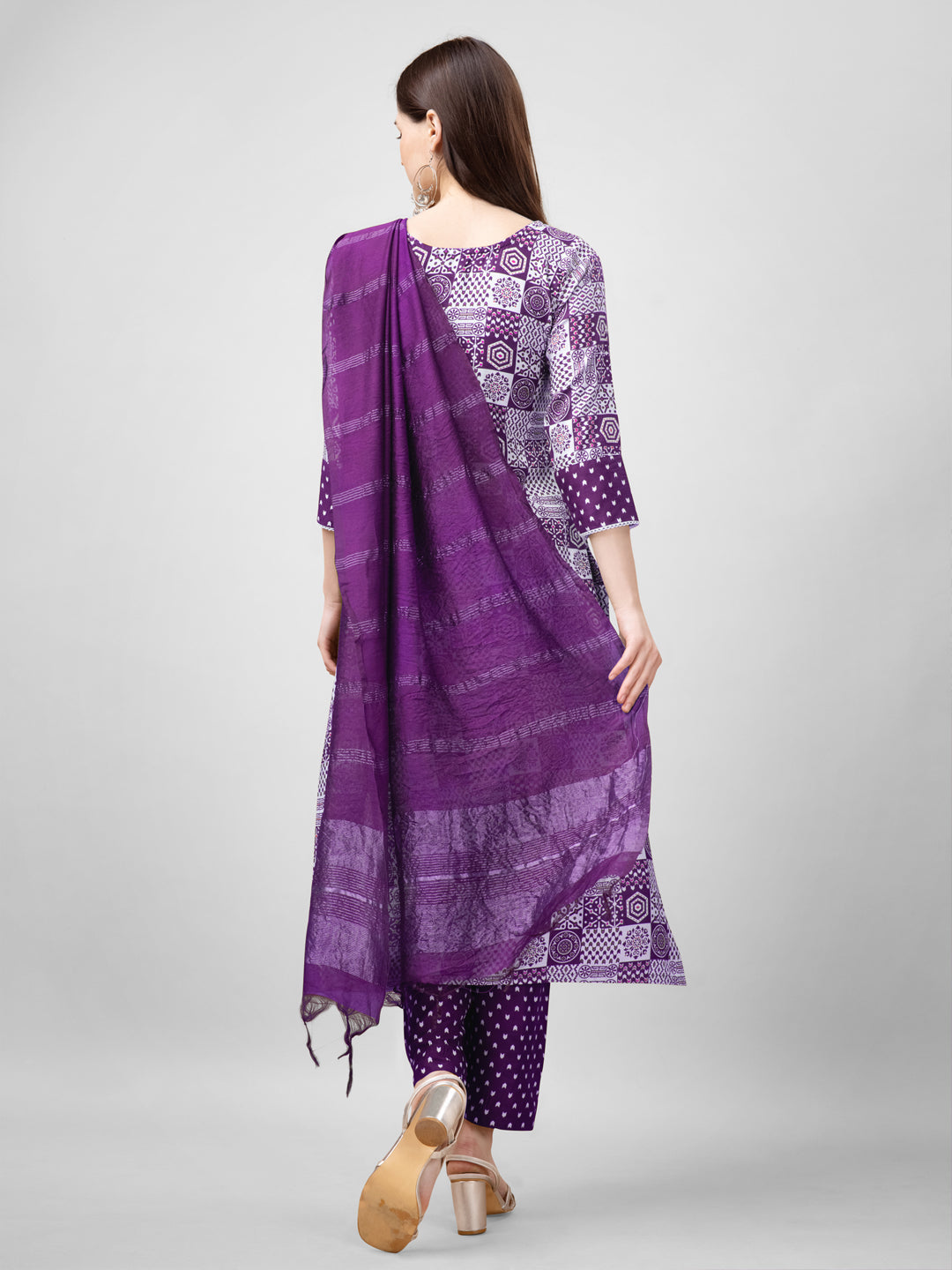 Women Rayon Embroidery Work Stitched Purple Kurti Set With Silk Blend Multicolor Dupatta