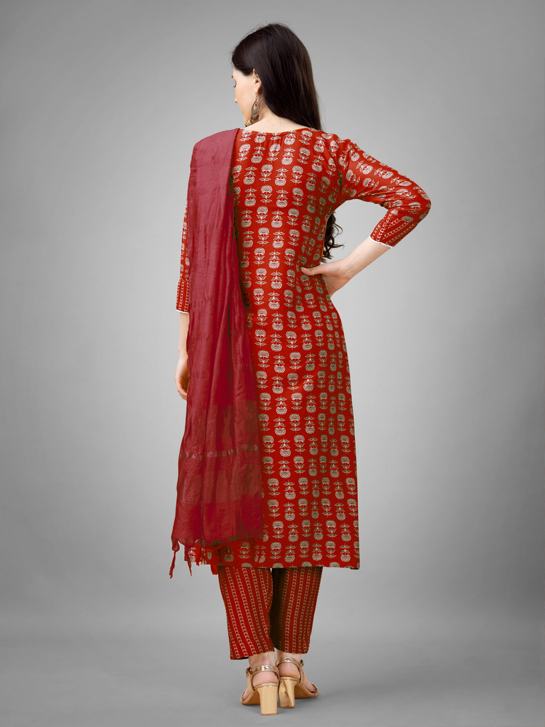 Women Rayon Embroidery Work Stitched Maroon Kurti Set With Silk Blend Multicolor Dupatta