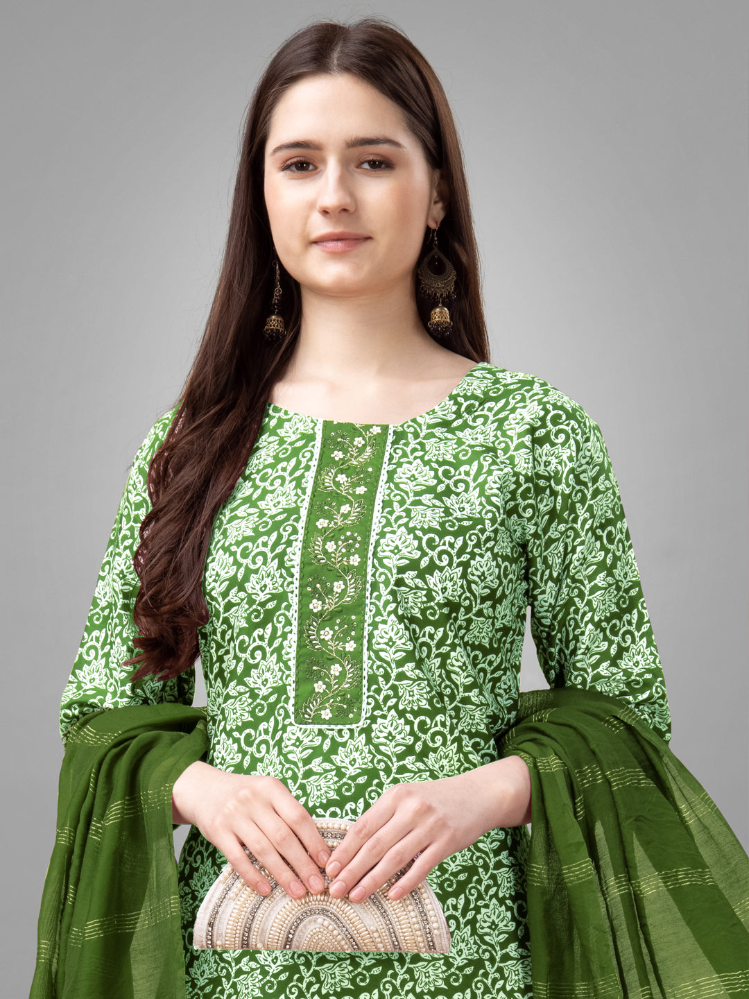 Women Rayon Embroidery Work Stitched Green Kurti Set With Silk Blend Multicolor Dupatta