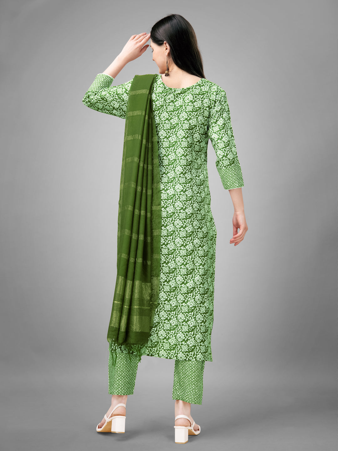 Women Rayon Embroidery Work Stitched Green Kurti Set With Silk Blend Multicolor Dupatta