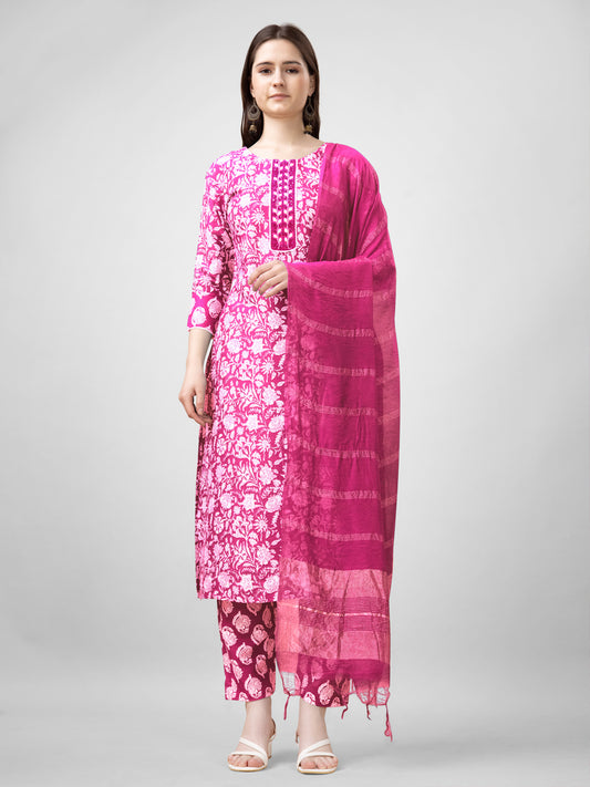 Women Rayon Embroidery Work Stitched Pink Kurti Set With Silk Blend Multicolor Dupatta