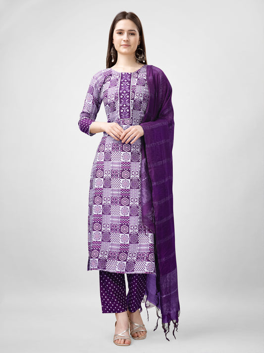 Women Rayon Embroidery Work Stitched Purple Kurti Set With Silk Blend Multicolor Dupatta