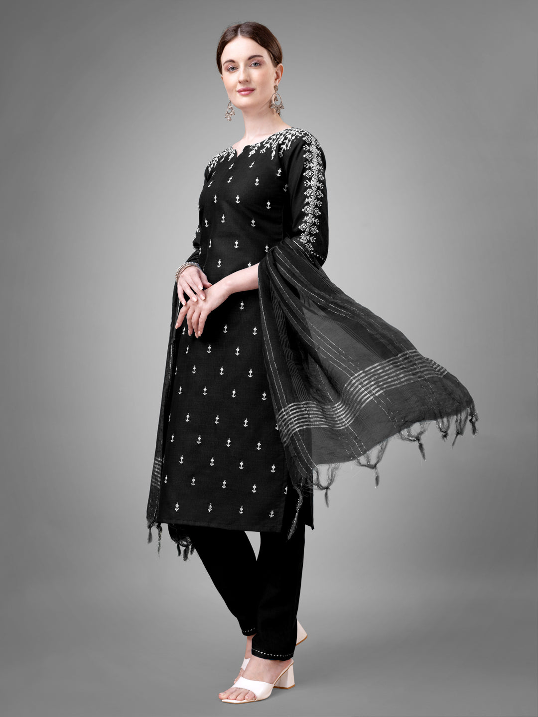 Women Cotton Blend Embroidery Work Stitched Black Kurti Set With Silk Blend Multicolor Dupatta