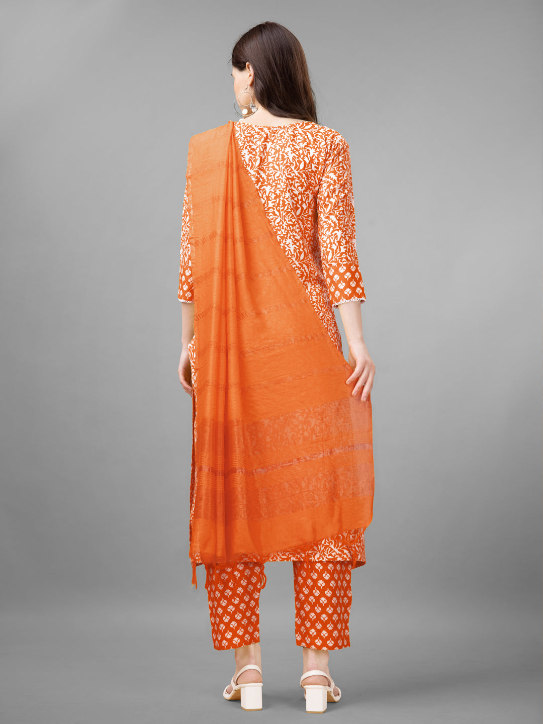 Women Rayon Embroidery Work Stitched Orange Kurti Set With Silk Blend Multicolor Dupatta