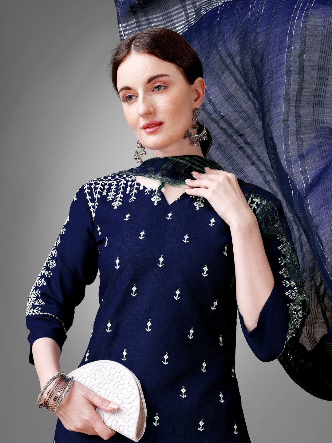 Women Cotton Blend Embroidery Work Stitched Navy Blue Kurti Set With Silk Blend Multicolor Dupatta