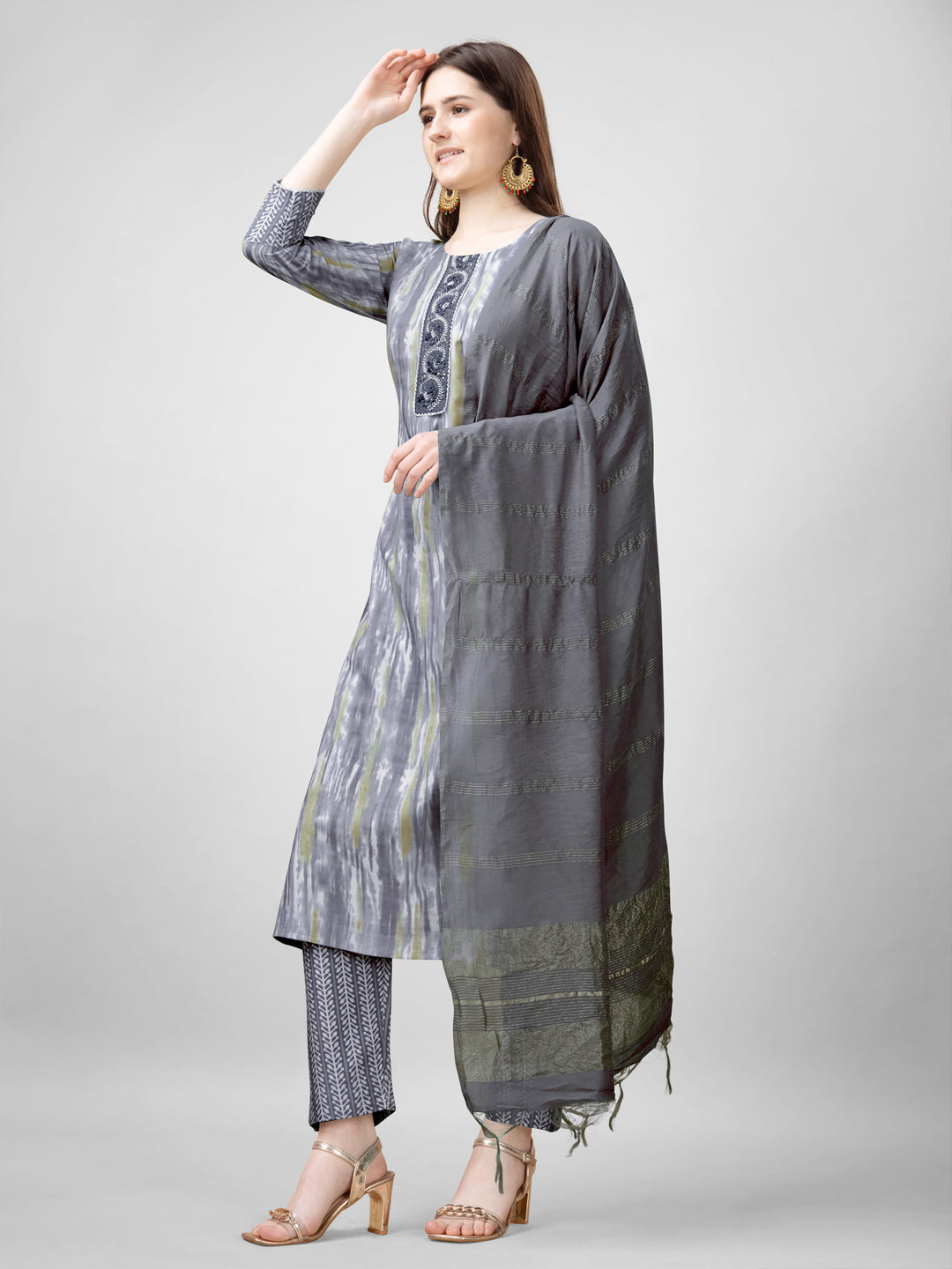 Women Rayon Embroidery Work Stitched Grey Kurti Set With Silk Blend Multicolor Dupatta