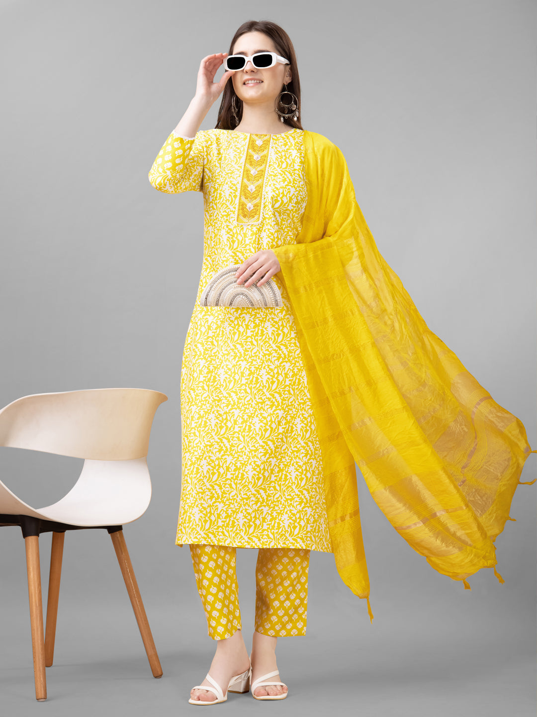 Women Rayon Embroidery Work Stitched Yellow Kurti Set With Silk Blend Multicolor Dupatta