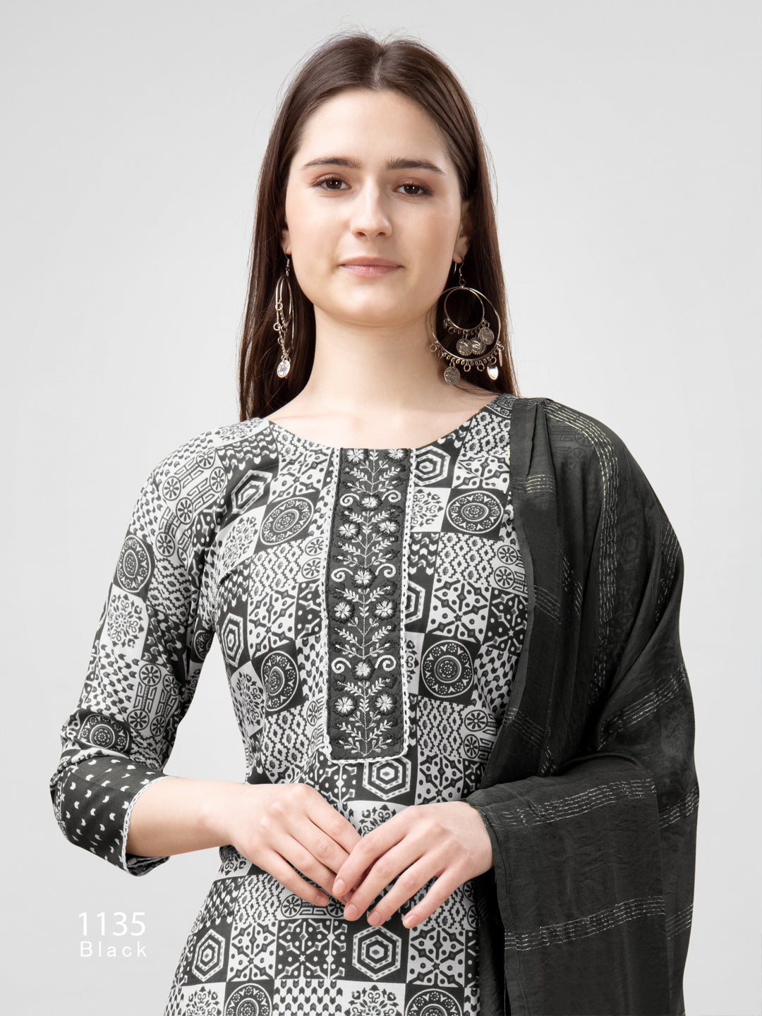 Women Rayon Embroidery Work Stitched Black Kurti Set With Silk Blend Multicolor Dupatta