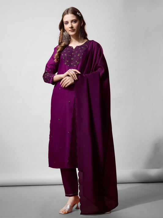 Women Cotton Blend Embroidery Work Stitched Purple Kurti Set With Silk Blend Multicolor Dupatta