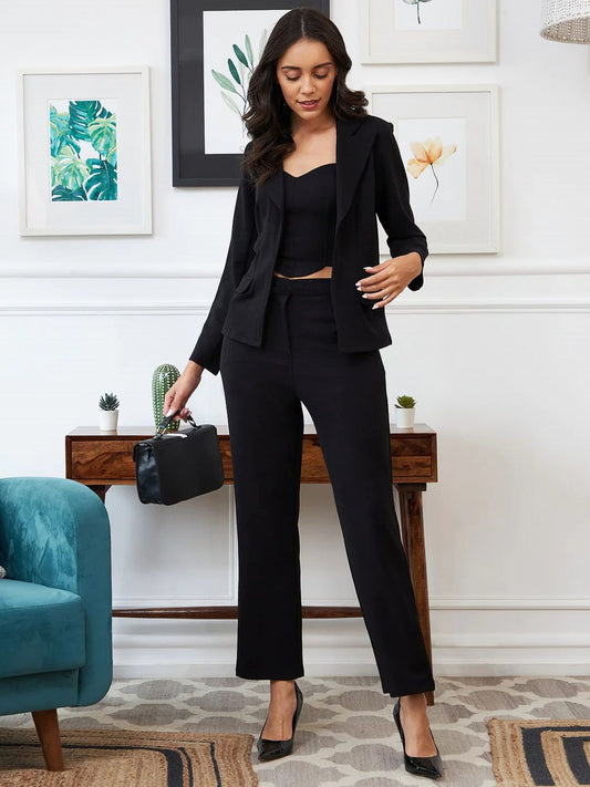 Trendy V Neck Three-quarter Sleeve Plain Black Co Ord Set