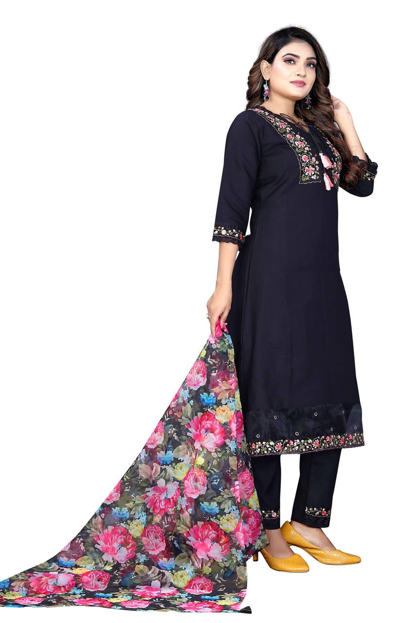 Women's Chanderi Silk Embroidered Work Stitched Black Kurta Set With Georgette Multicolor Dupatta