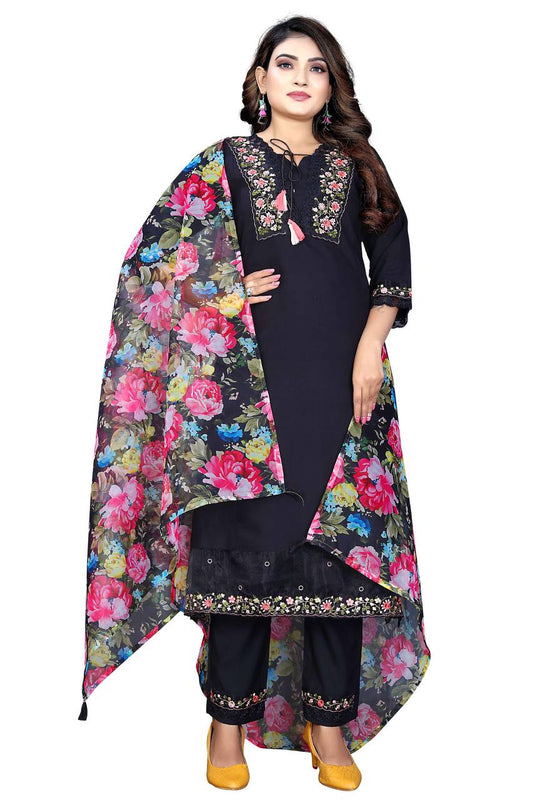 Women's Chanderi Silk Embroidered Work Stitched Black Kurta Set With Georgette Multicolor Dupatta