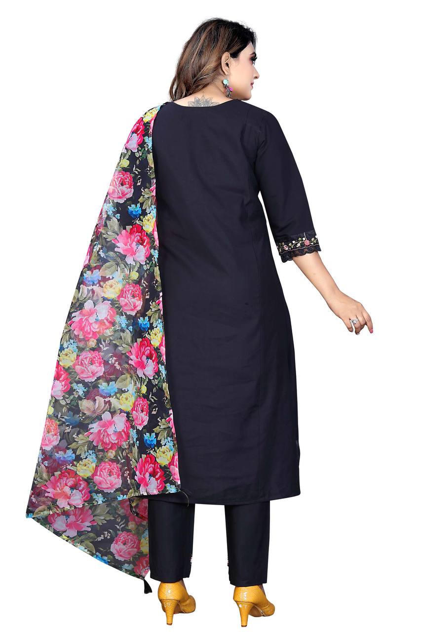 Women's Chanderi Silk Embroidered Work Stitched Black Kurta Set With Georgette Multicolor Dupatta