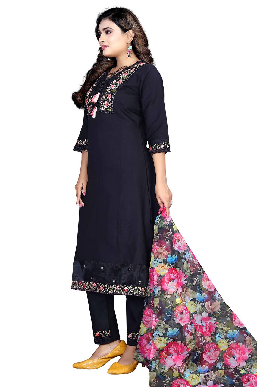 Women's Chanderi Silk Embroidered Work Stitched Black Kurta Set With Georgette Multicolor Dupatta