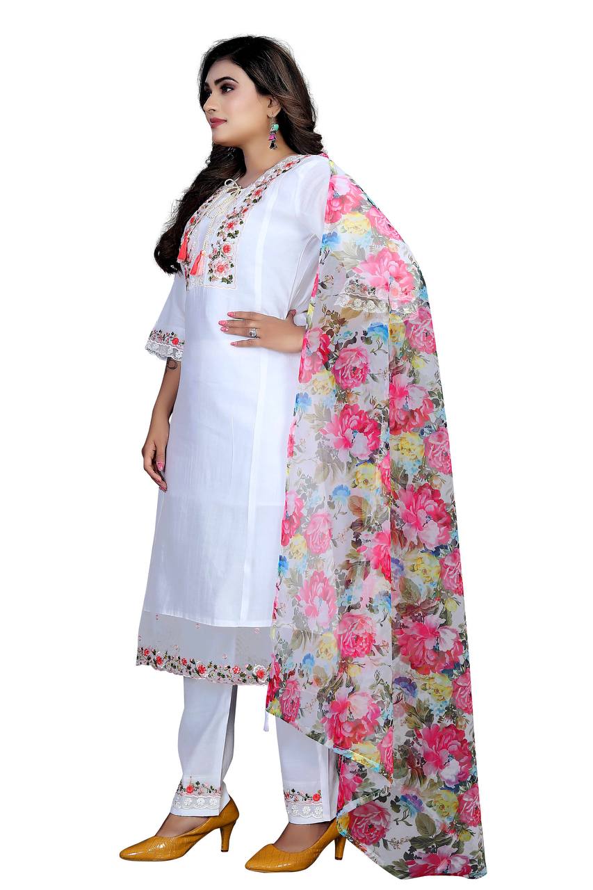 Women's Chanderi Silk Embroidered Work Stitched White Kurta Set With Georgette Multicolor Dupatta