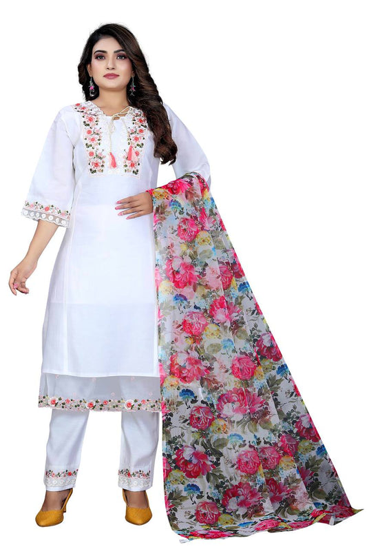 Women's Chanderi Silk Embroidered Work Stitched White Kurta Set With Georgette Multicolor Dupatta