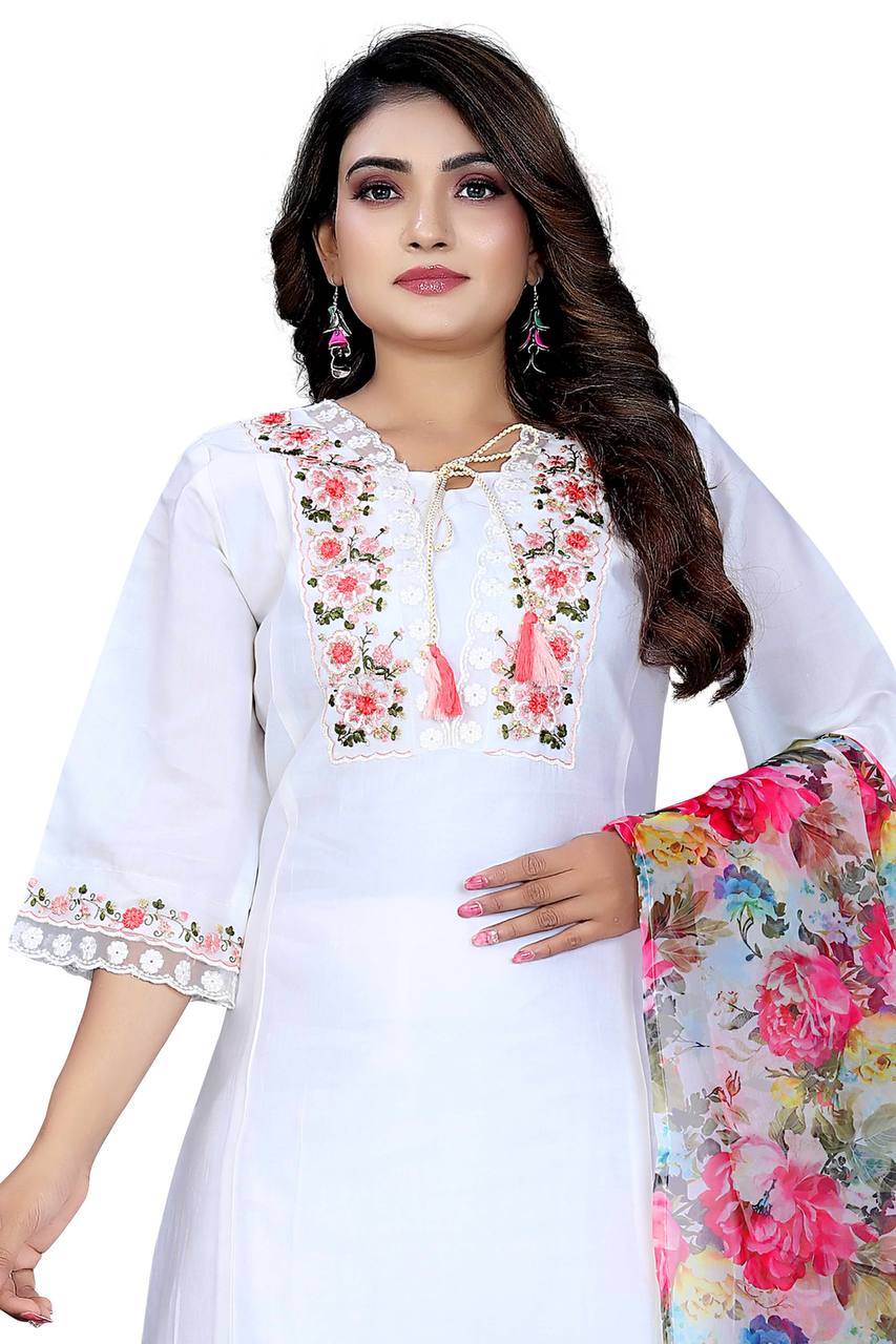 Women's Chanderi Silk Embroidered Work Stitched White Kurta Set With Georgette Multicolor Dupatta